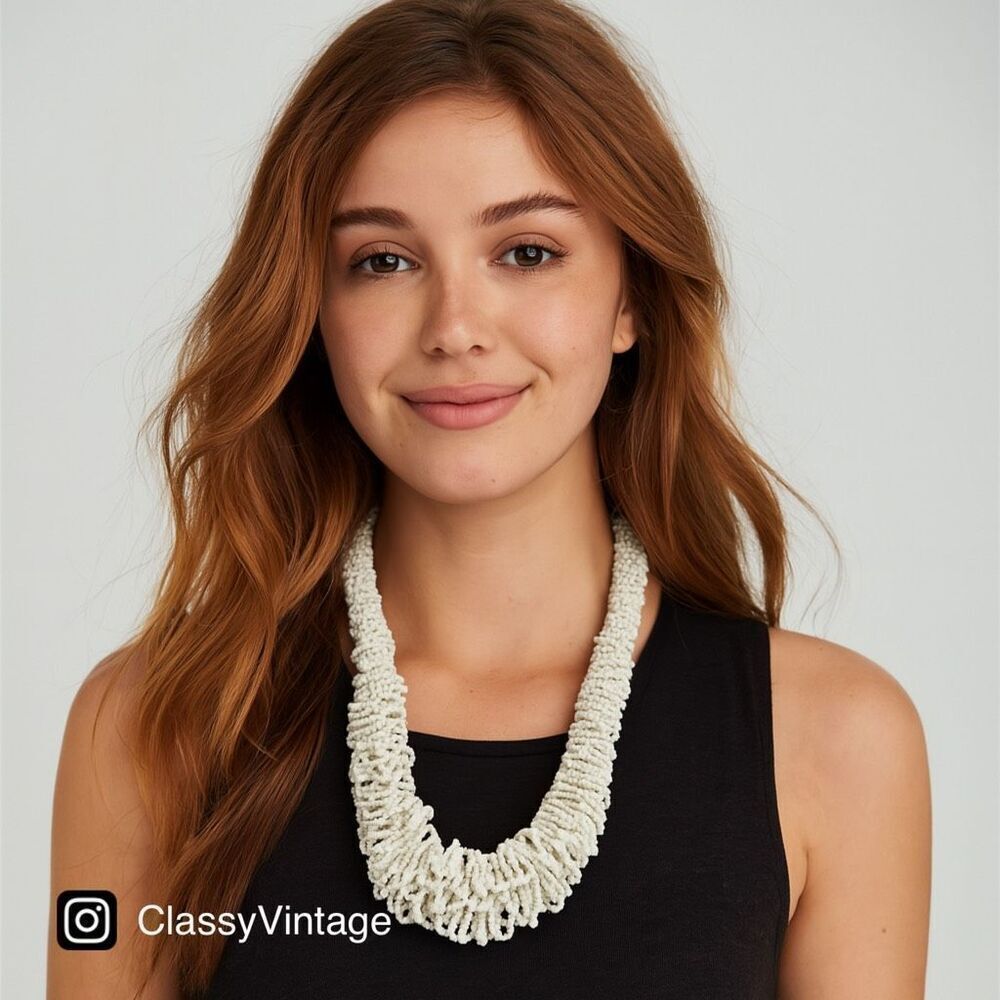 Boho white layered ruffed seed bead statement necklace.